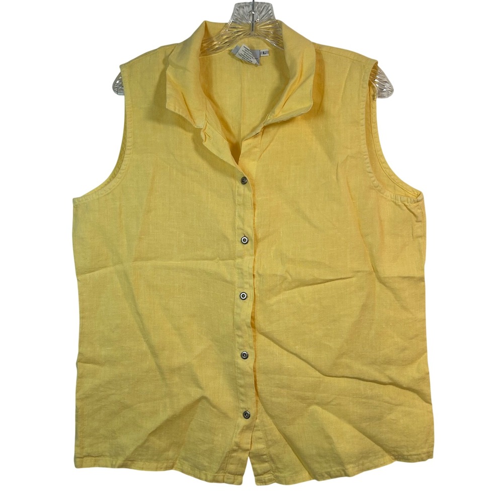 Hot Cotton Marc Ware Yellow Linen Sleeveless‎ Button Down Blouse Top Large USA